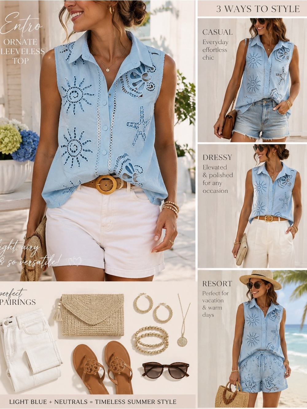 NWT entro Sky Blue Sleeveless Eyelet Button-Front Blouse Top Sz L $48